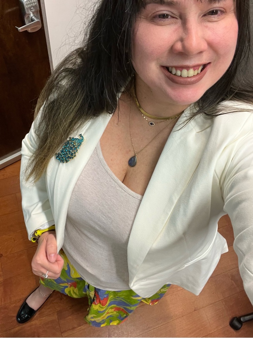 Off White Blazer with Added Teal Crystal Peacock Brooch - Women Jewelry Brooch